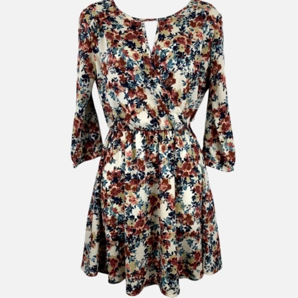 Lush Floral Red Blue Creme V-Neck Puff Long Sleeve Mini Dress